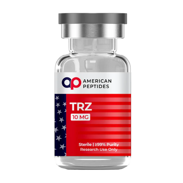 Vial of American Peptides TRZ Tirzepatide research compound on a clean background. Take 10% off with coupon code ROBERTO10.